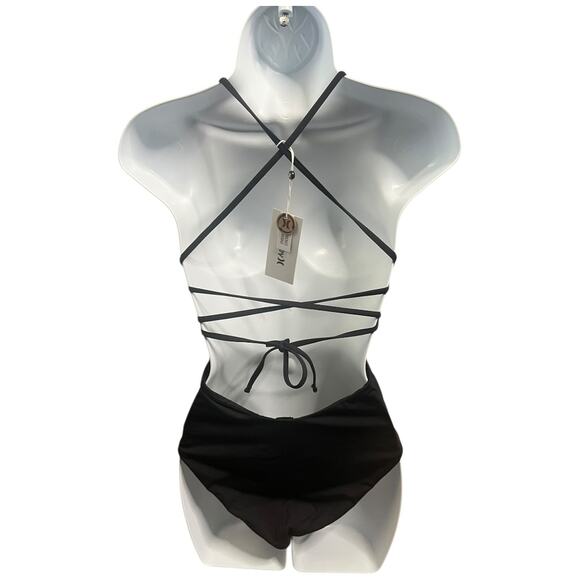 Hurley Black Solid One-Piece Swimsuit lace up open back white logo Medium NWT - Picture 6 of 8